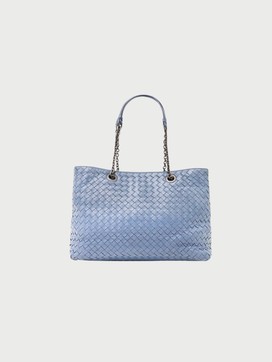 Bottega Veneta 2010s Blue Leather Intrecciato Chain Tote Bag