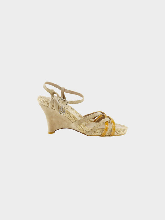 Chanel 2000s Beige Suede and Jute Wedge Sandals
