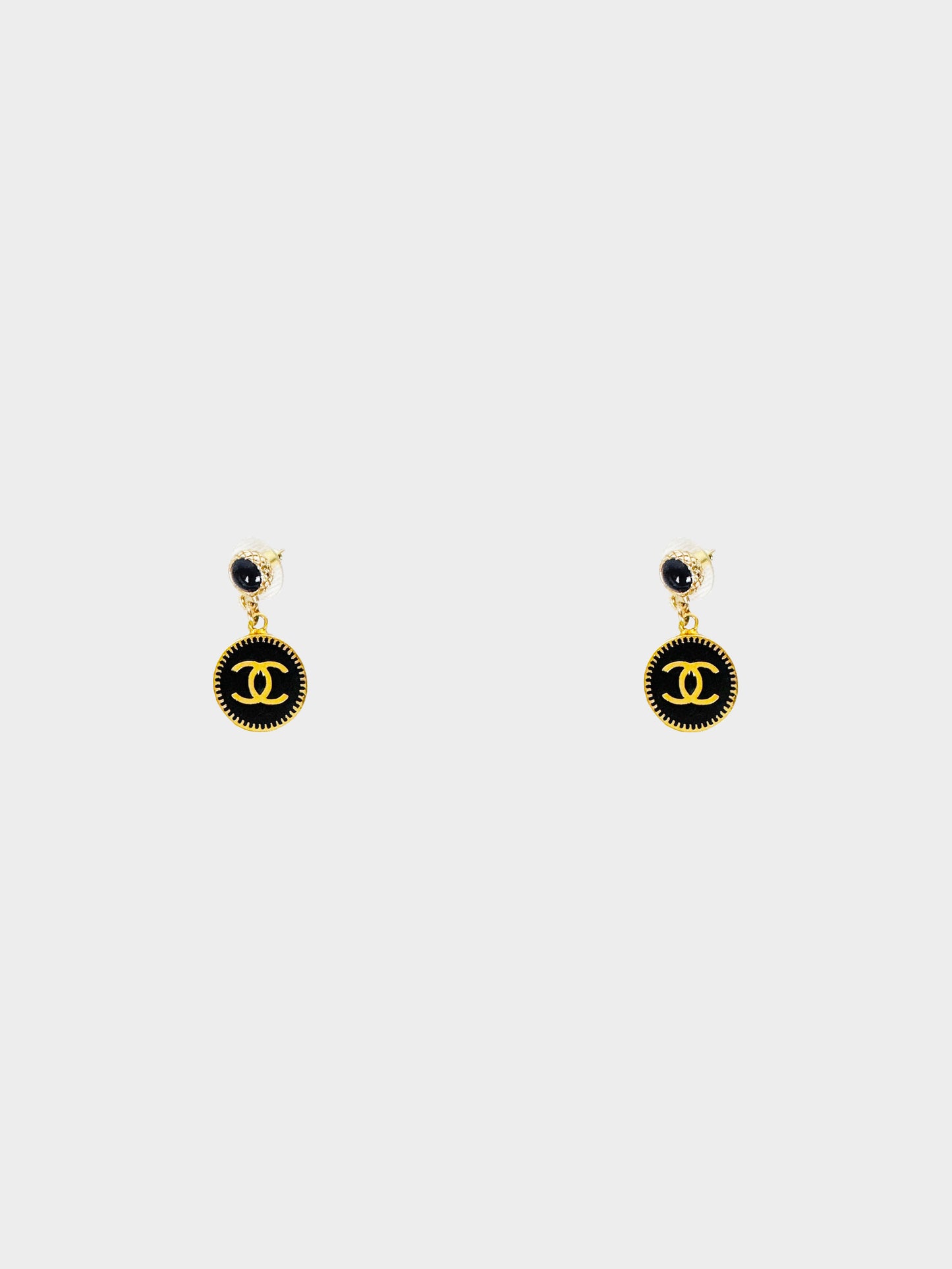 Chanel FW 2008 Gold Metal and Black Enamel CC Round Drop Earrings