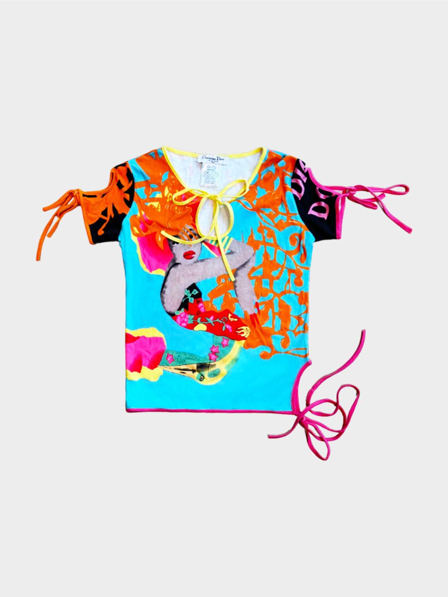 Christian Dior by John Galliano SS 2005 Runway Multicolor Graphic Cut-out and Tie Top