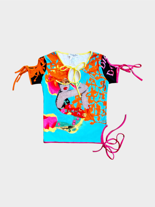Christian Dior by John Galliano SS 2005 Runway Multicolor Graphic Cut-out and Tie Top