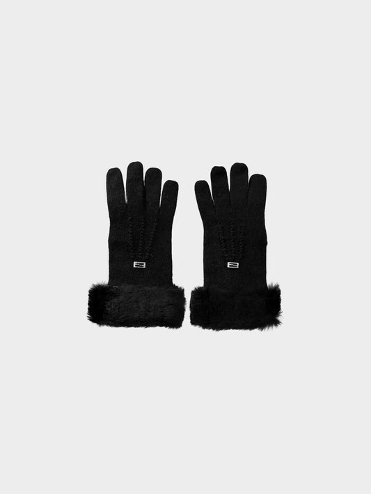 Fendi 2000s Black Wool-knit and Faux Fur-trimmed Gloves