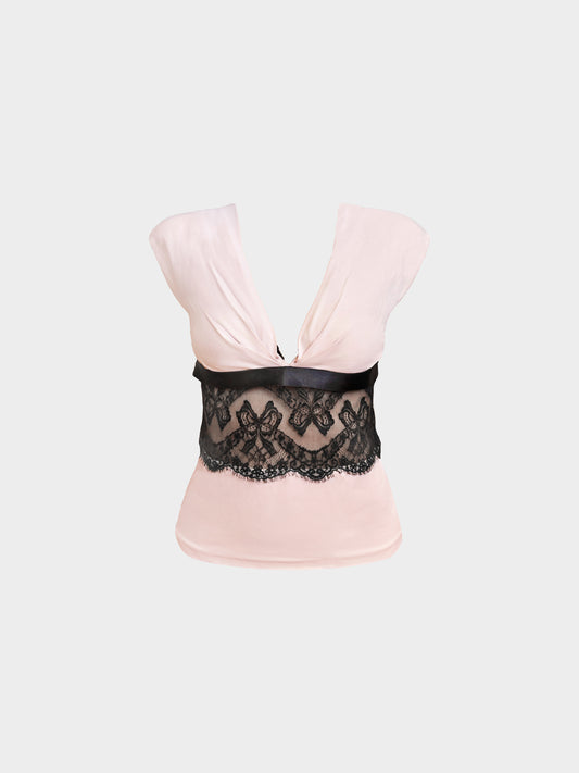 Valentino 2000s Pink Lace-trim Blouse with Self-tie Ribbon