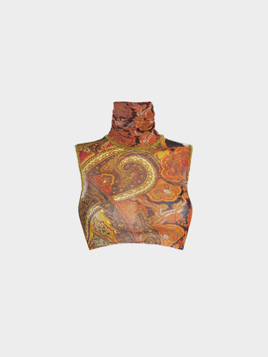 Jean Paul Gaultier 1990s Brown Paisley Print Turtleneck Mesh Top
