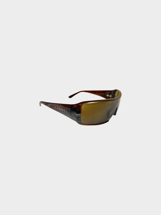 Chanel Early 2000s Dark Brown 5103 Wraparound Shield Sunglasses