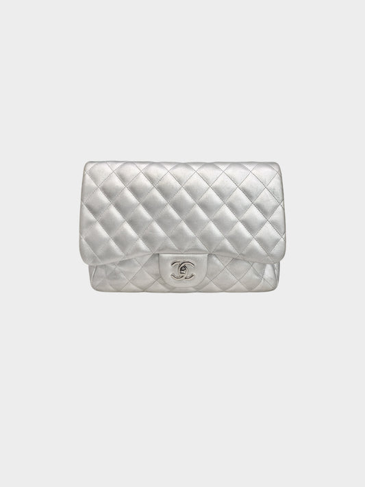Chanel 2009-2010 Metallic Silver Lambskin Classic Jumbo Flap Bag