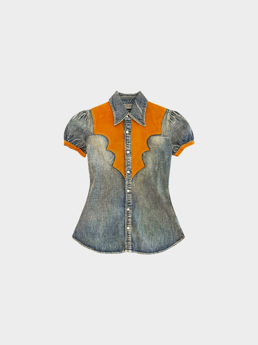 Dsquared2 SS 2006 Denim and Brown Leather Trim Button-down Short Sleeve Top