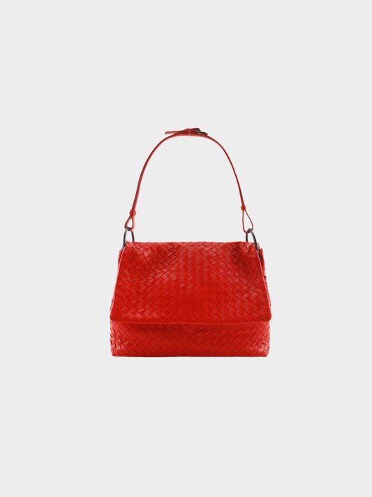 Bottega Veneta 2000s Red Calfskin Intrecciato Shoulder Bag
