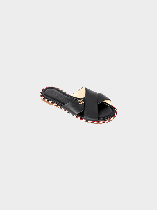 Chanel 2017 Black Lambskin CC Crisscross and Braided Flat Sandals