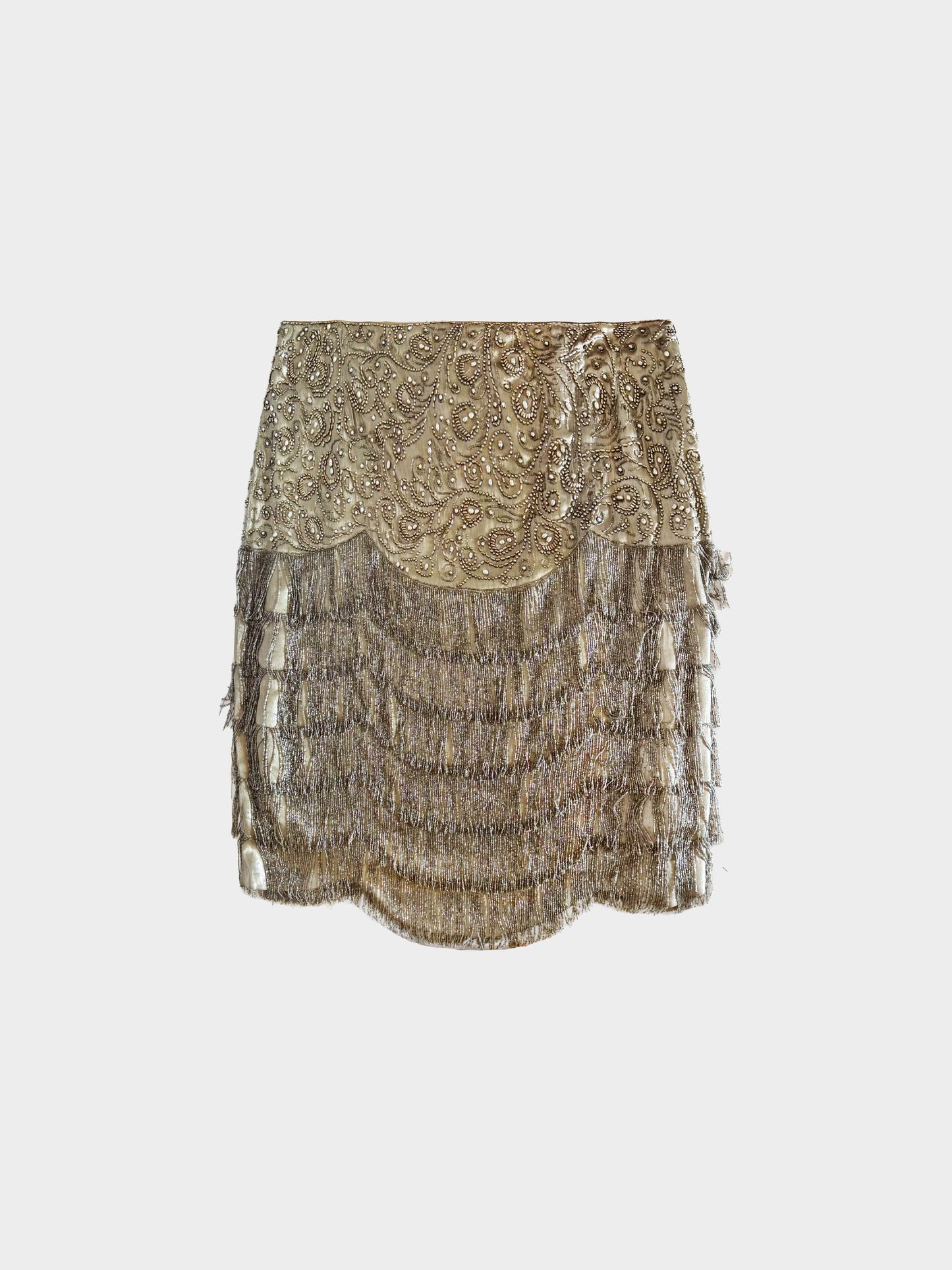 Ralph Lauren 1990s Purple Label Brown Metallic Embroidered Tassel Skirt