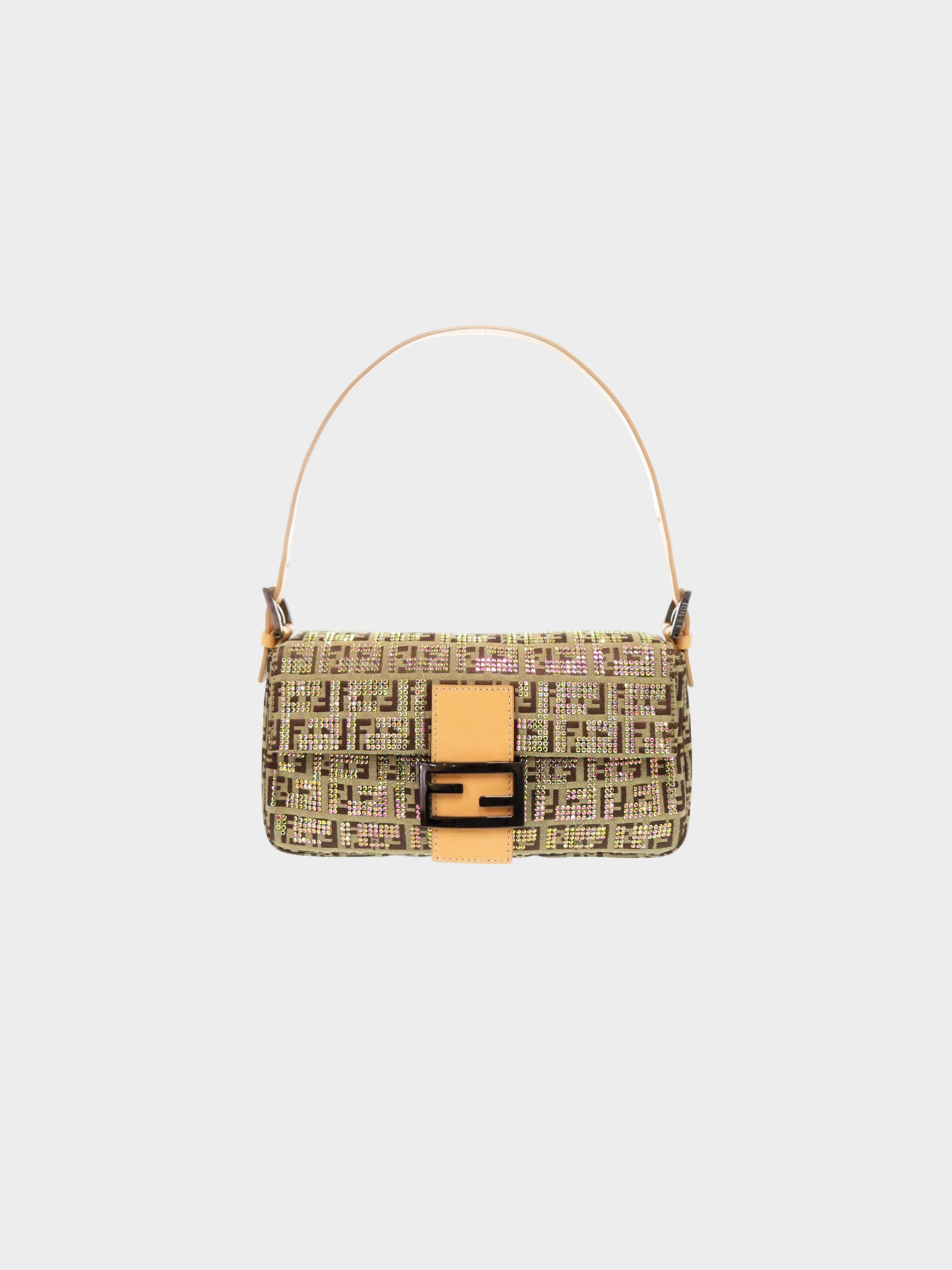 Fendi 2010s Beige and Brown Zucchino Crystal-studded Canvas Baguette