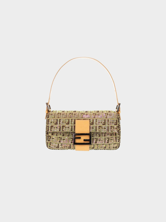 Fendi 2010s Beige and Brown Zucchino Crystal-studded Canvas Baguette