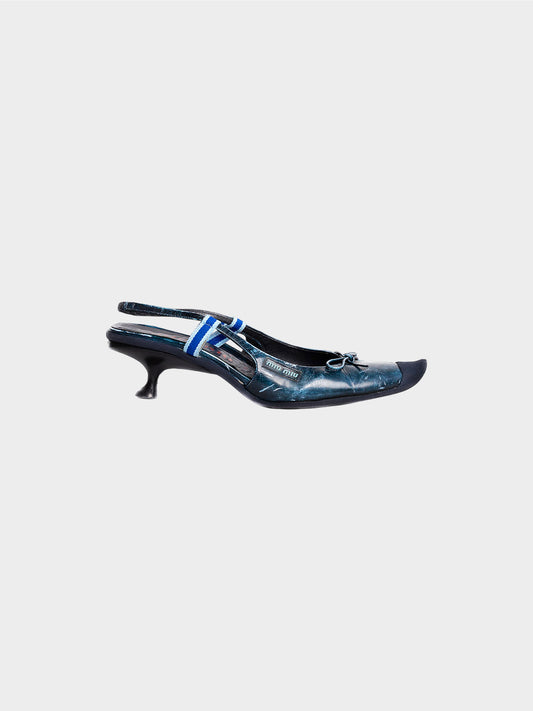 Miu Miu SS 2000 Rare Blue "Distressed Leather" Bow Heels
