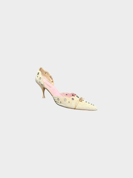Prada 1990s Beige Suede Eyelet and Bow Heels