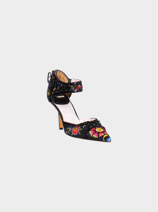 Christian Dior SS 2002 Black Floral Printed Canvas Pumps