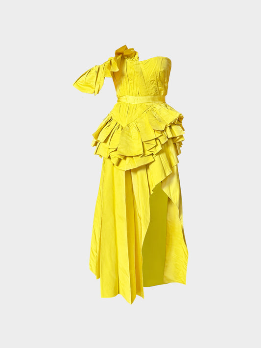 Alexander McQueen 2022 Yellow Deconstructed Asymmetrical Ruffled Corset Dress