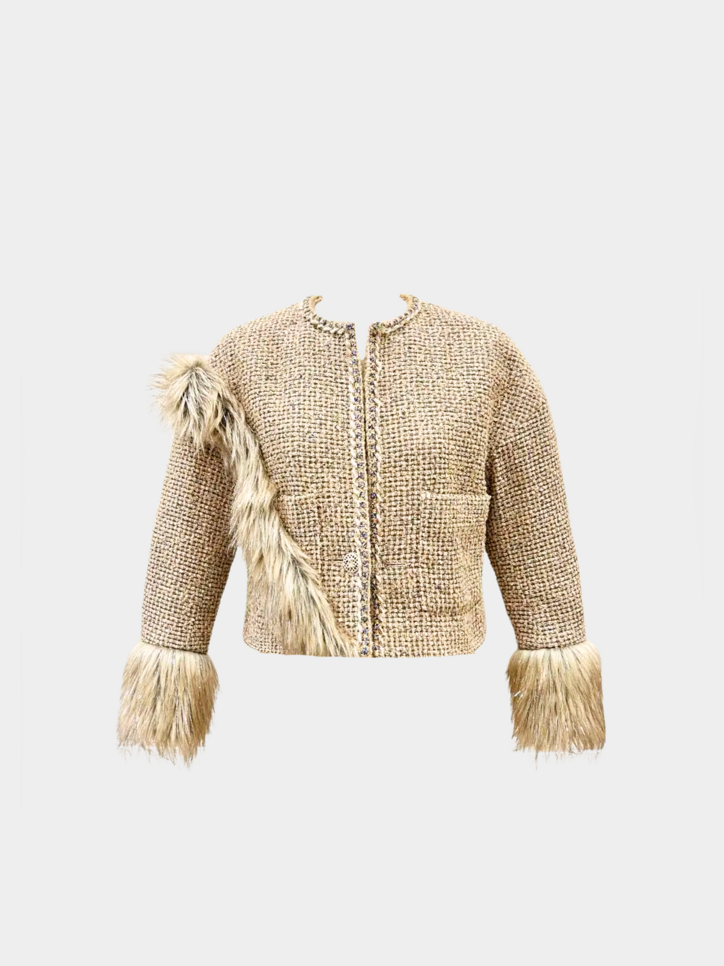 Chanel 2021 Beige Tweed and Faux Fur Jacket
