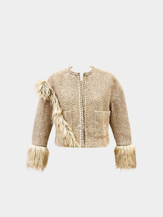Chanel 2021 Beige Tweed and Faux Fur Jacket