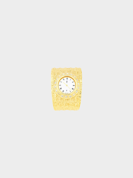 Yves Saint Laurent 1990s Gold Crocodile Pattern Watch Cuff Bracelet