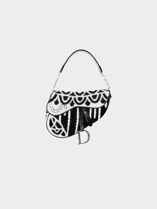 Christian Dior 2003 Black and White Sequin and Beads Saddle Bag
