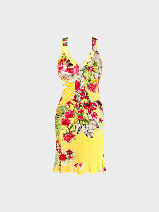 Roberto Cavalli 2000s Yellow Tropical Floral Print Button-down Dress