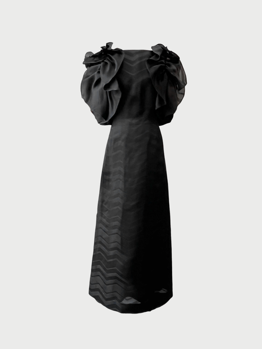 Givenchy 1980s Black Silk Chevron Ruffle Gown