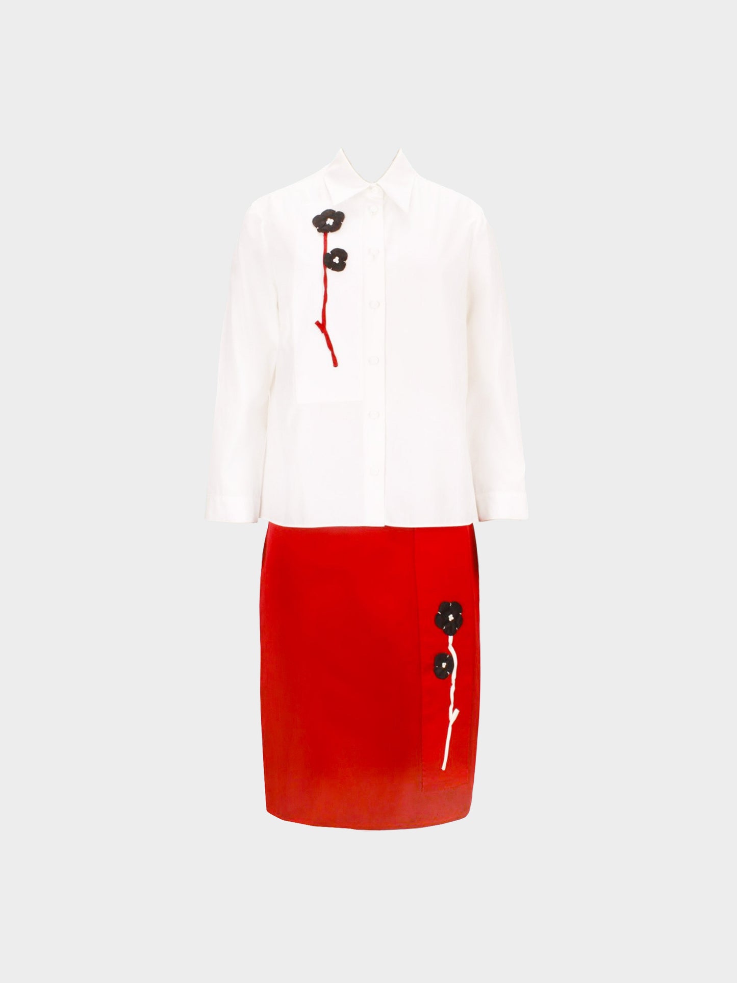 Prada SS 2013 Runway White and Red Flower Long-sleeved Shirt and Skirt Set