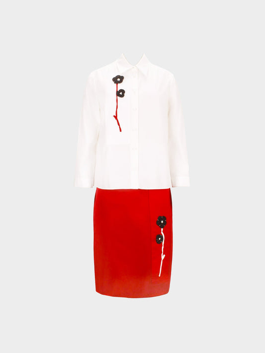 Prada SS 2013 Runway White and Red Flower Long-sleeved Shirt and Skirt Set