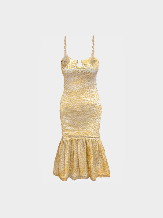 Roberto Cavalli 2000s Beige Leopard Silk Dress