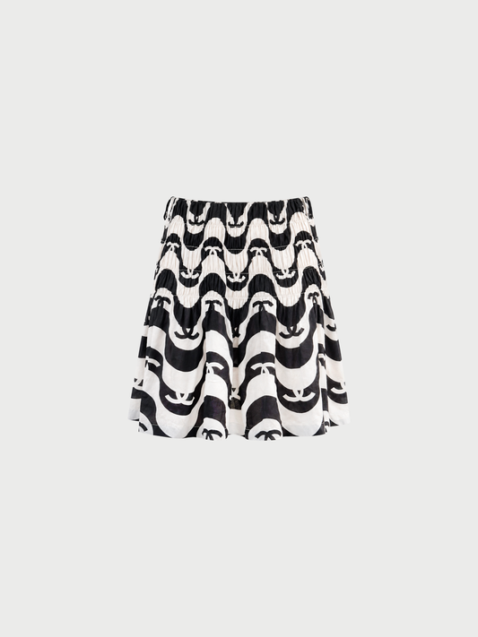 Chanel SS 2021 Black White Silk CC Wave Print Mini Skirt