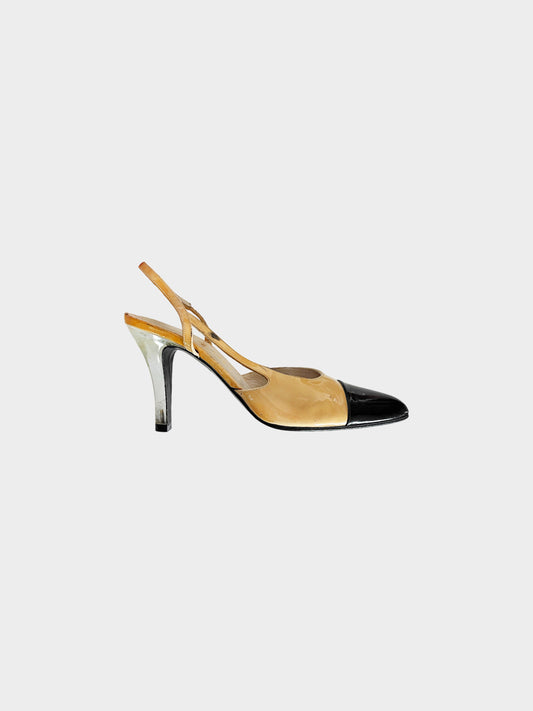 Chanel 2000s Two-toned Beige and Black Patent Leather Slingback Heels