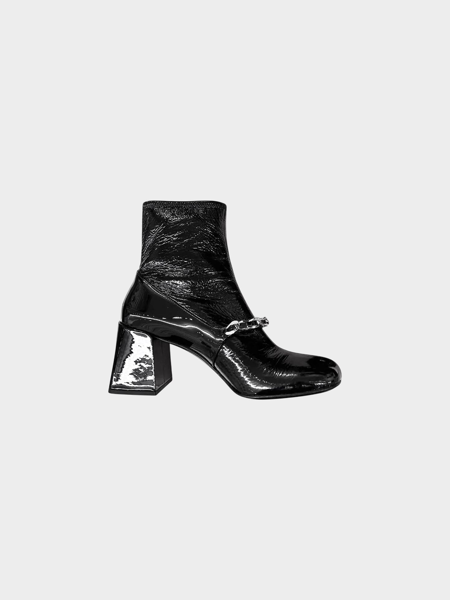 Miu Miu 2020s Black Patent Leather Chain-Link and Faux Pearl Accent Ankle Boots