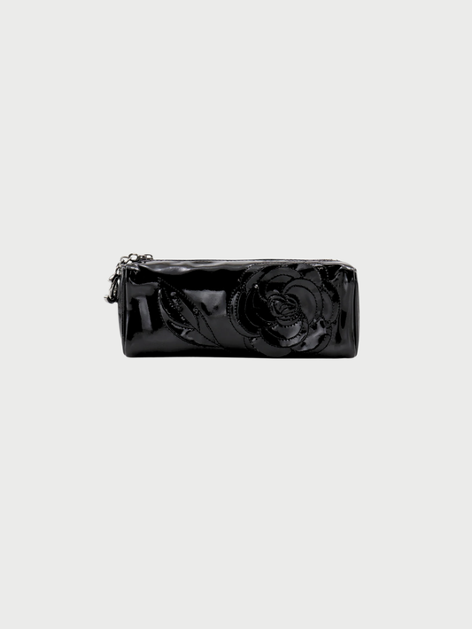 Chanel 2000s Black Enamel Camellia Pouch