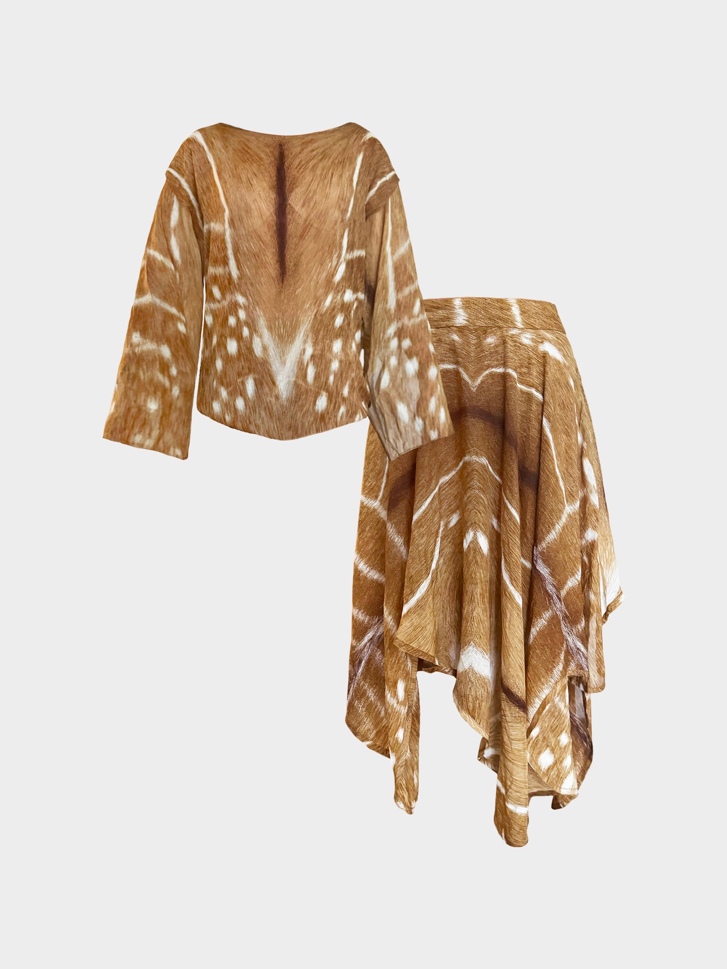 Yves Saint Laurent 2002 Brown Silk Deer Printed Top and Skirt Set