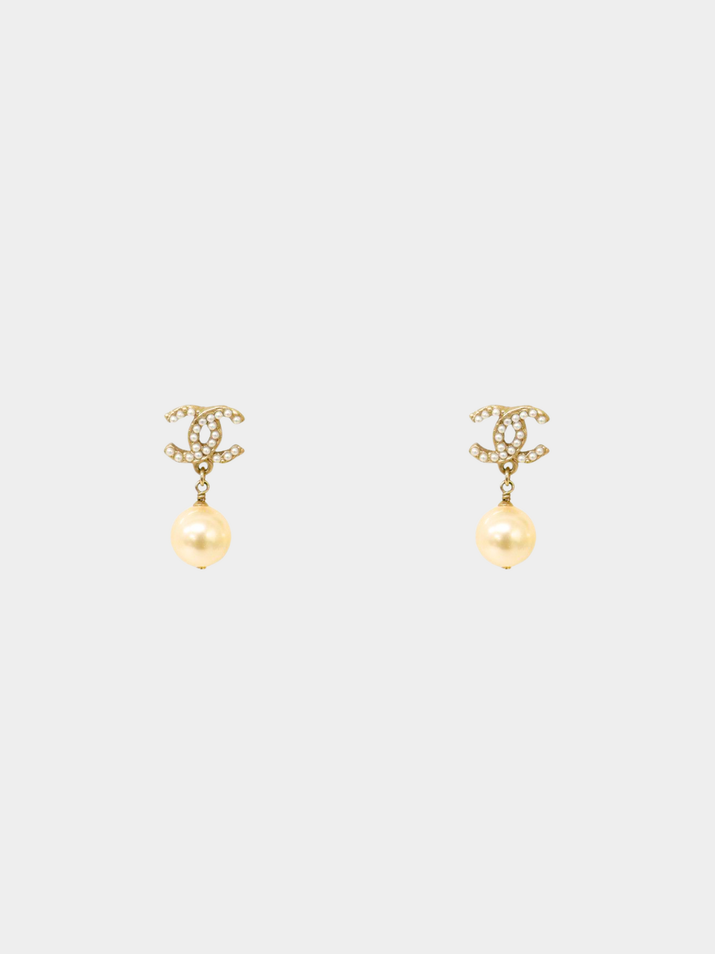 Chanel 1990s Gold Pearl CC Hanging Stud Earrings