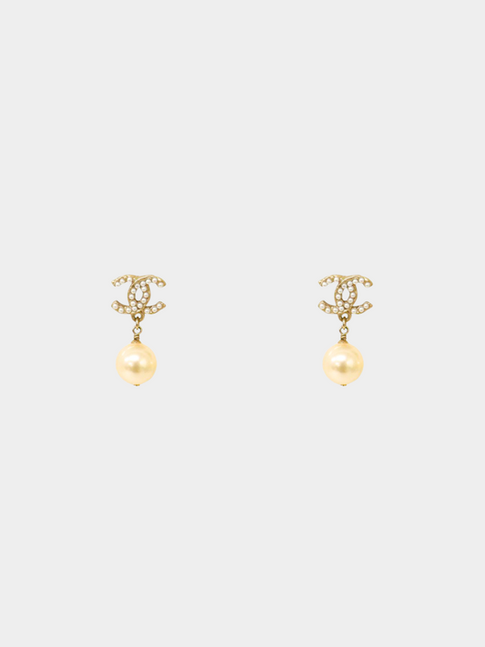 Chanel 1990s Gold Pearl CC Hanging Stud Earrings