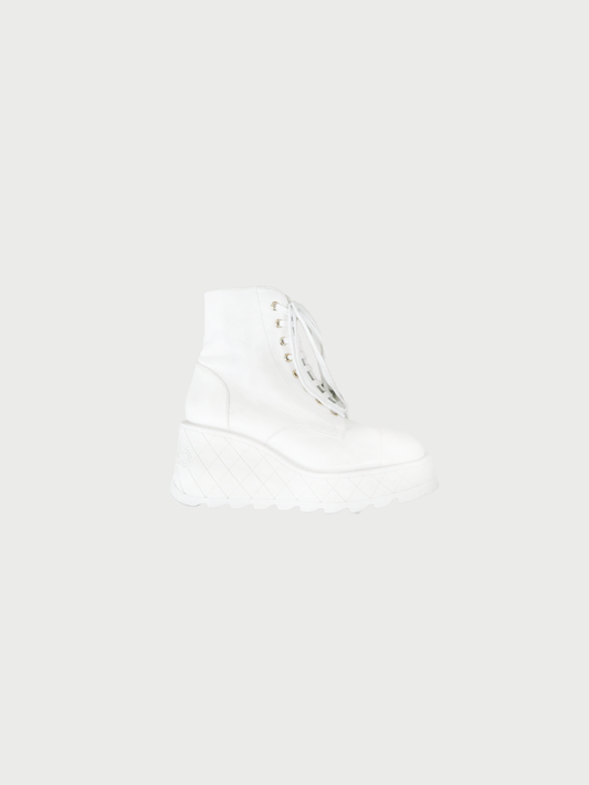 Chanel 2024 White Leather Wedge Combat Boots
