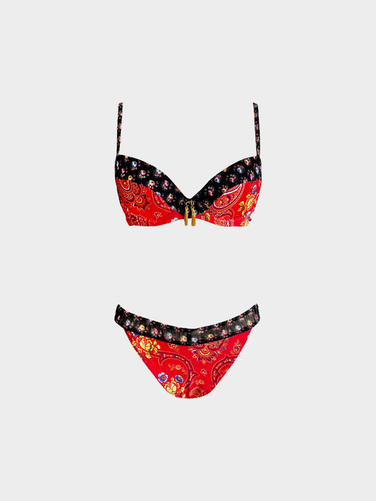 Christian Dior by John Galliano SS 2002 Red Floral Paisley Print Two-Piece Swimsuit