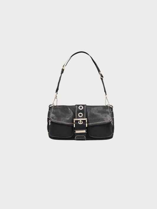Prada 2000s Black Nylon Leather Triangle Logo Shoulder Bag