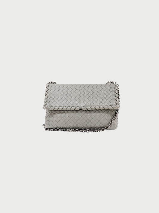 Bottega Veneta 2010s Grey Leather Intrecciato Chain Shoulder Bag