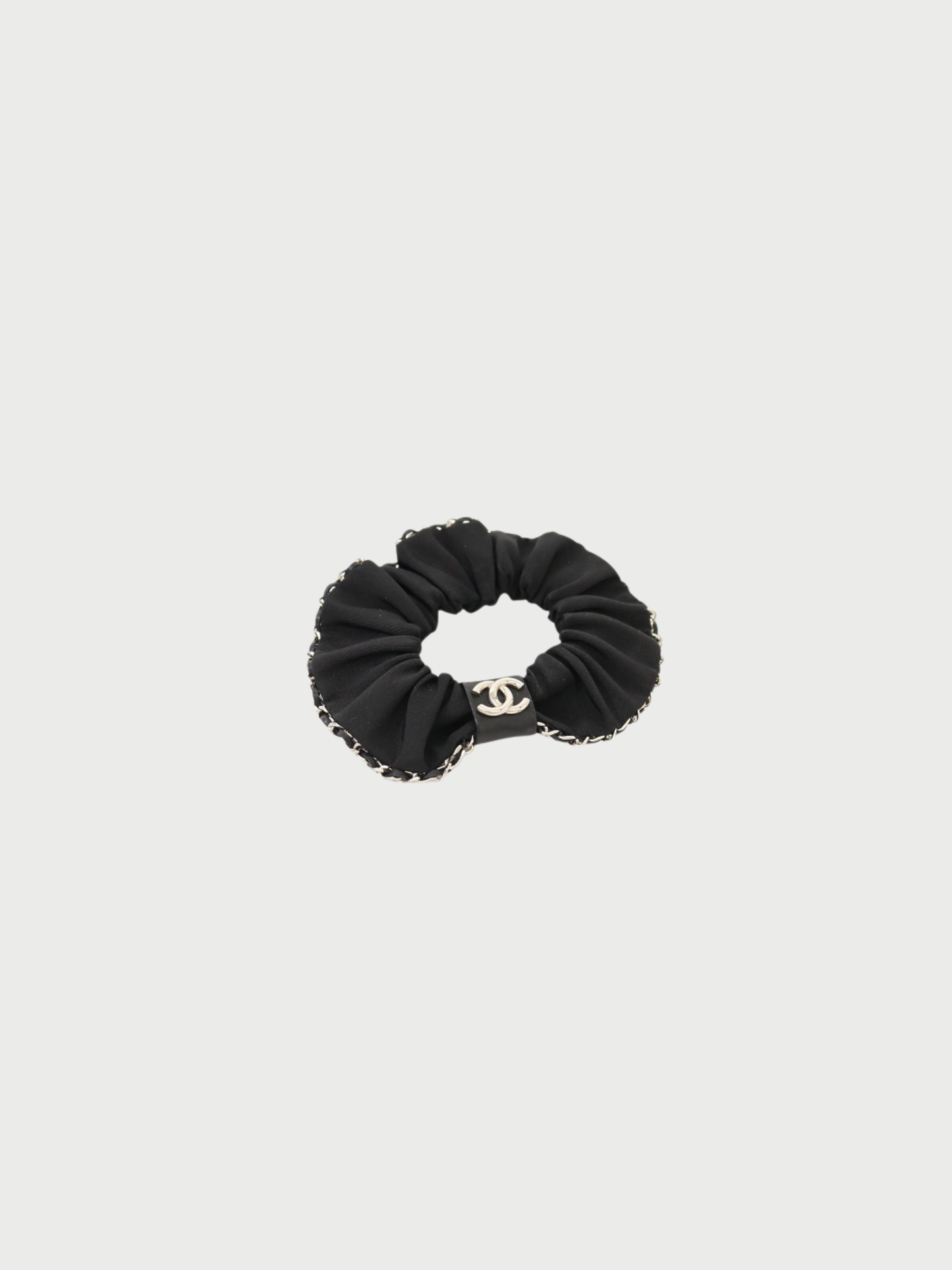 Chanel 2000s Black Silver Cotton Leather Coco Chain Scrunchie