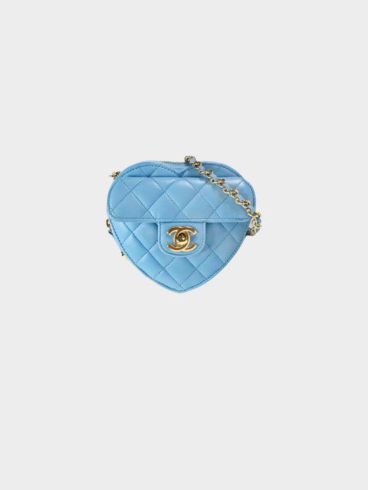 Chanel 2021 Blue Lambskin Quilted CC In Love Mini Heart Bag