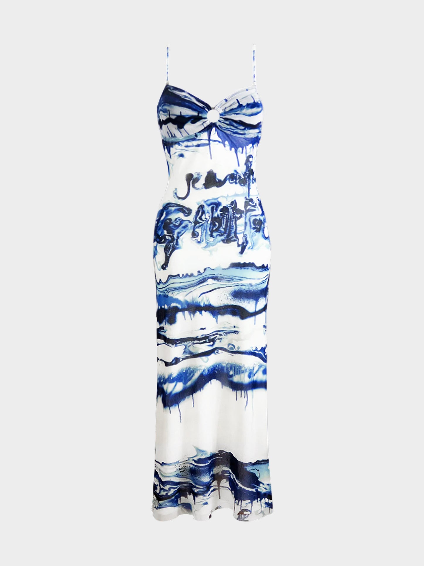 Jean Paul Gaultier FW 2001 Navy and White Abstract Print Mesh Maxi Dress
