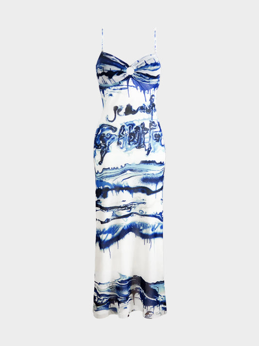 Jean Paul Gaultier FW 2001 Navy and White Abstract Print Mesh Maxi Dress