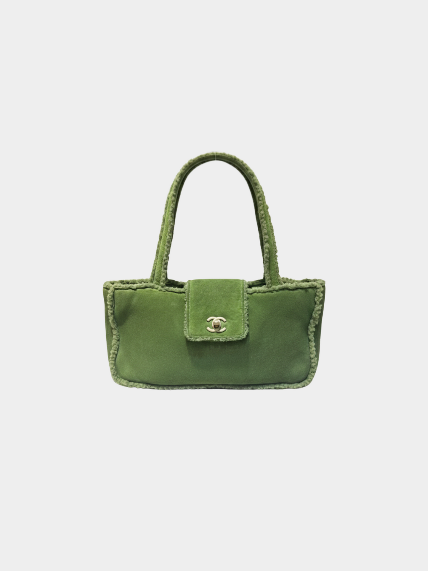 Chanel 2000s Green Shearling Leather Tote Bag