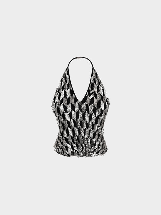 Chloe SS 2002 Rare Black and Silver Beaded Halter Neck Backless Top