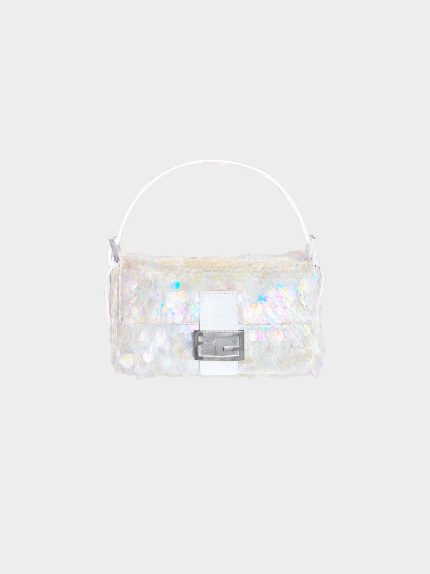 Fendi 1990s Iridescent Translucent Sequins and White Python Leather Baguette