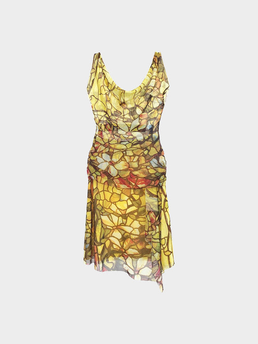 Vivienne Tam 1990s Yellow Abstract Floral Print Mesh Top and Skirt Set