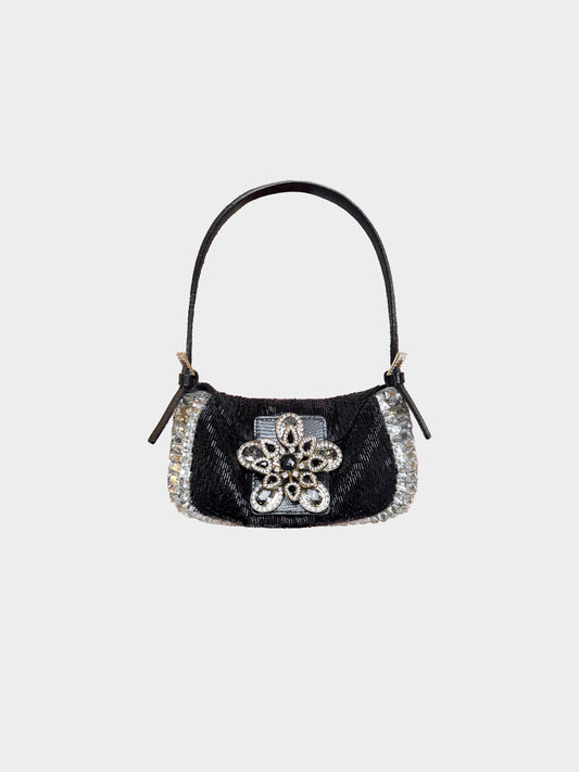 Valentino 2000s Black Beaded Flower and Rhinestone Bag