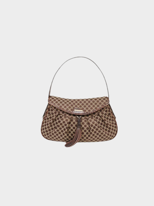 Celine 2000s Brown Macadam Tassel Canvas Leather One-Shoulder Bag